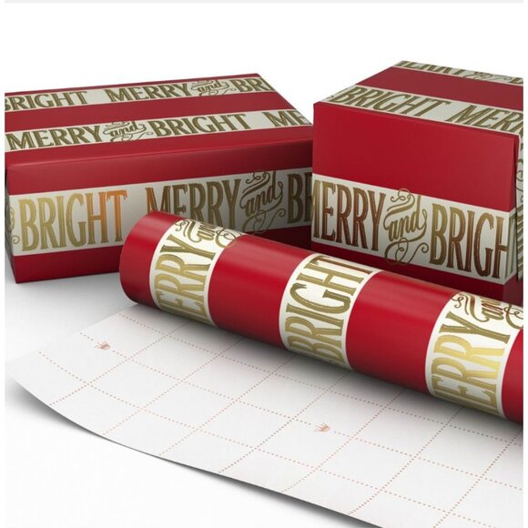 Hallmark Wrapping Paper Merry and Bright Red Gold 35 sq ft Roll Holiday Gift - Picture 3 of 5